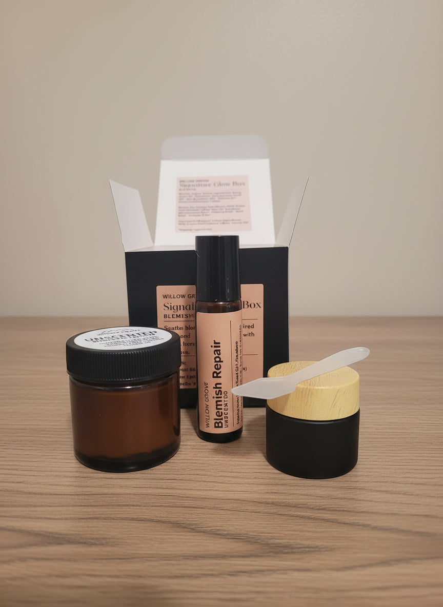 A 1oz jar of tallow, roller bottle of serum and a jar of revive eye cream.