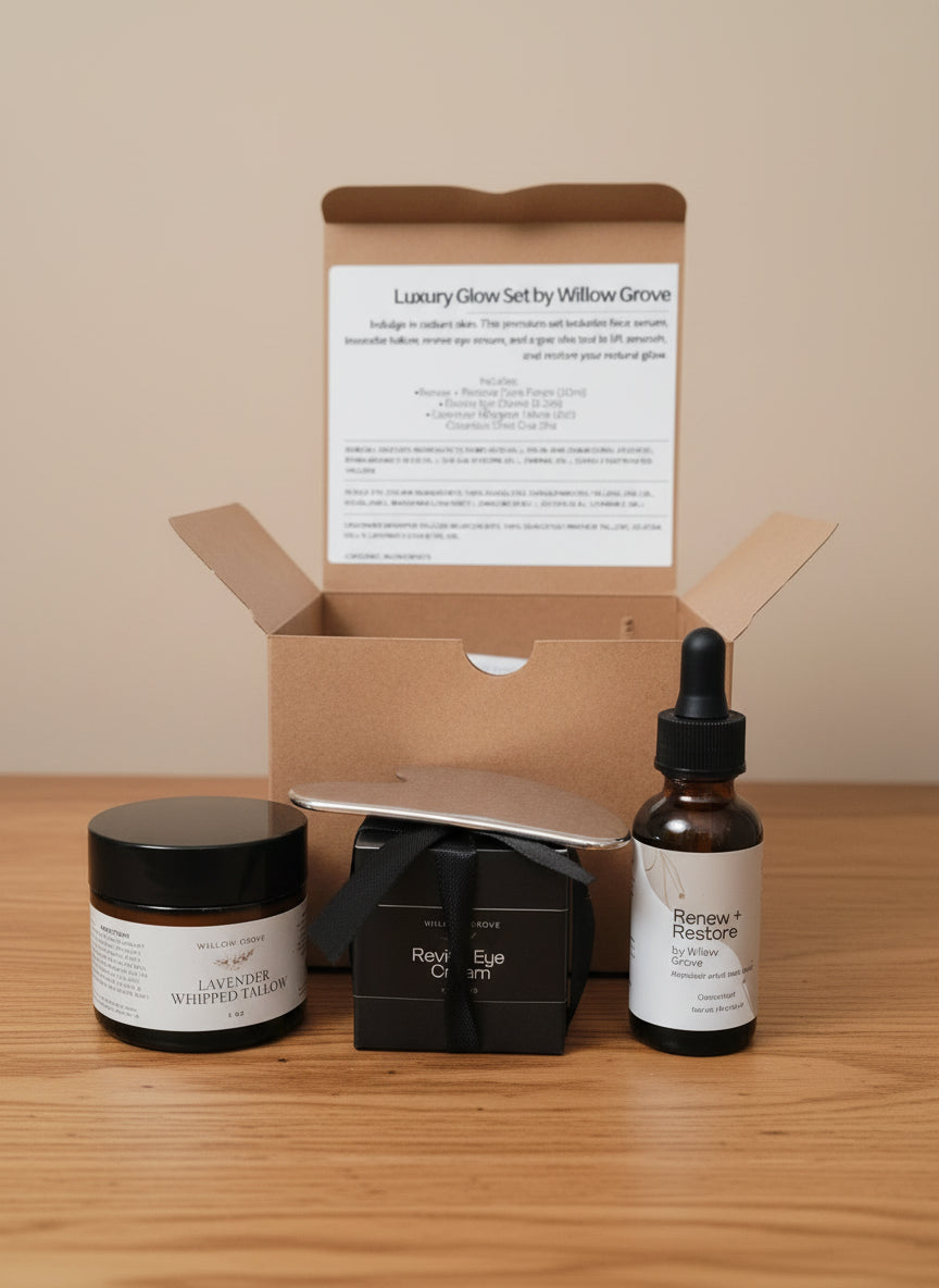 Skincare product set with a box labeled 'Luxury Glow Set by Willow Grove' on a wooden surface.