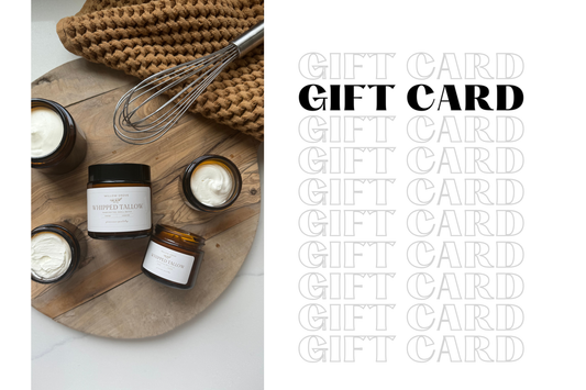 Wooden tray with skincare products and a whisk, with 'Gift Card' text overlay.